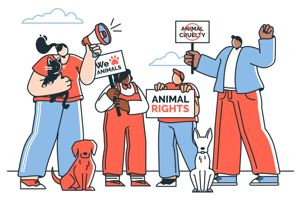 Immagine animata che raffigura persone che protestano contro i diritti degli animali.
