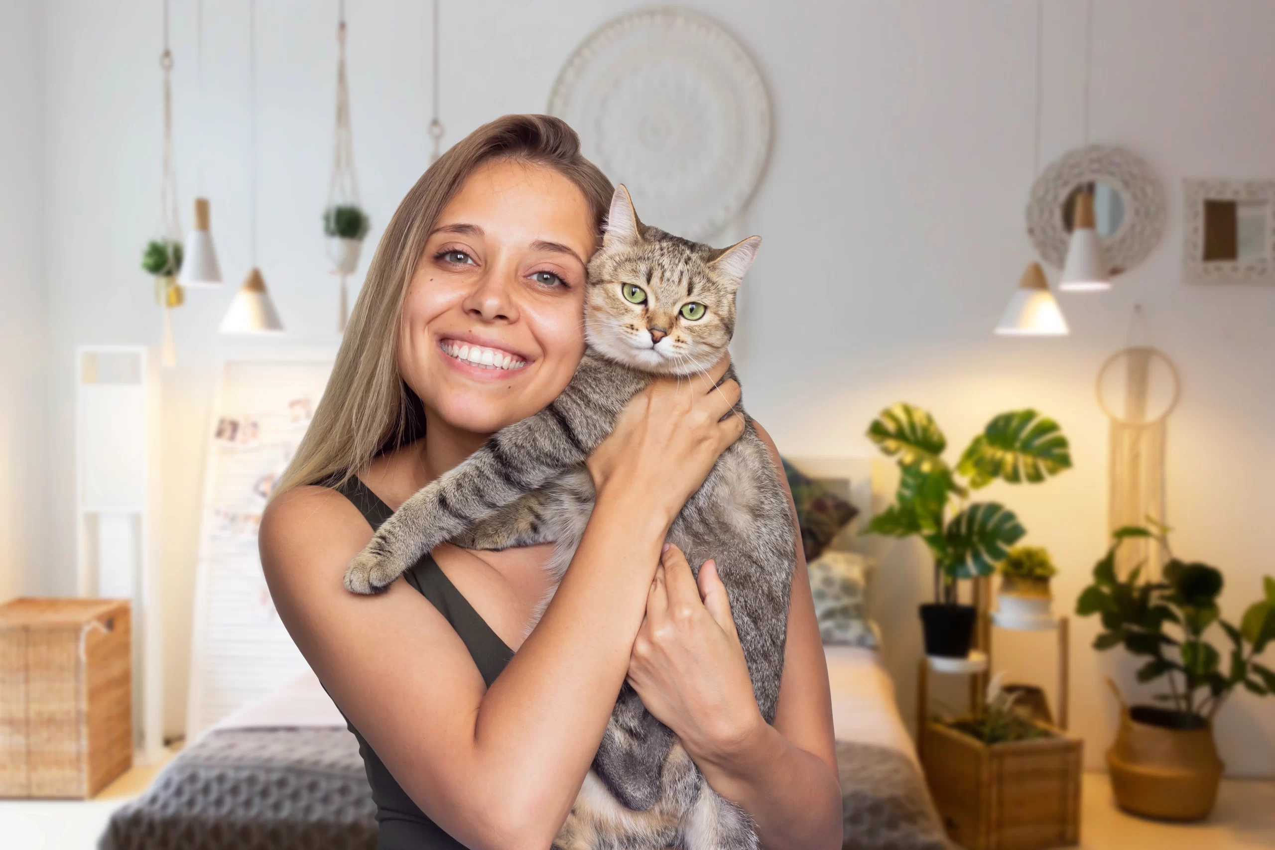 Padrona tiene in braccio il suo gatto per mostrare la connessione tra la personalità del proprietario e quella del gatto