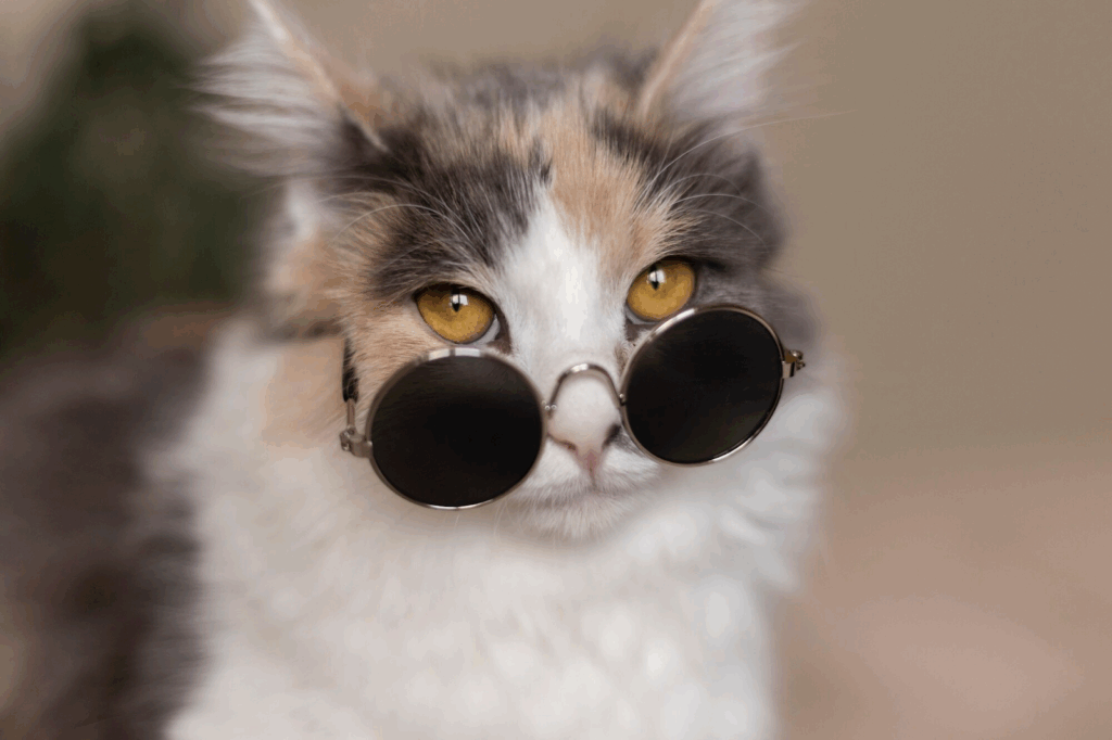 Il gatto guarda la telecamera con gli occhiali scuri.