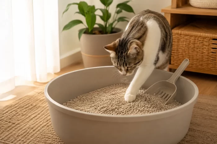 gato jugando en su caja de area - Arena absorbente lettiera assorbente per gatti