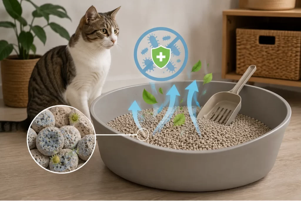 gato mirando su Arena absorbente limpia y fresca lettiera assorbente per gatti