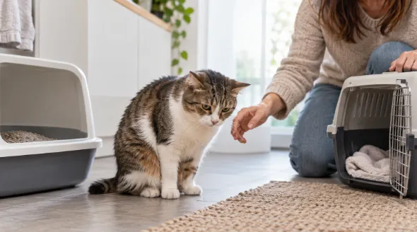 gato con una caja de arena y una jaula con su dueña intentado meterlo